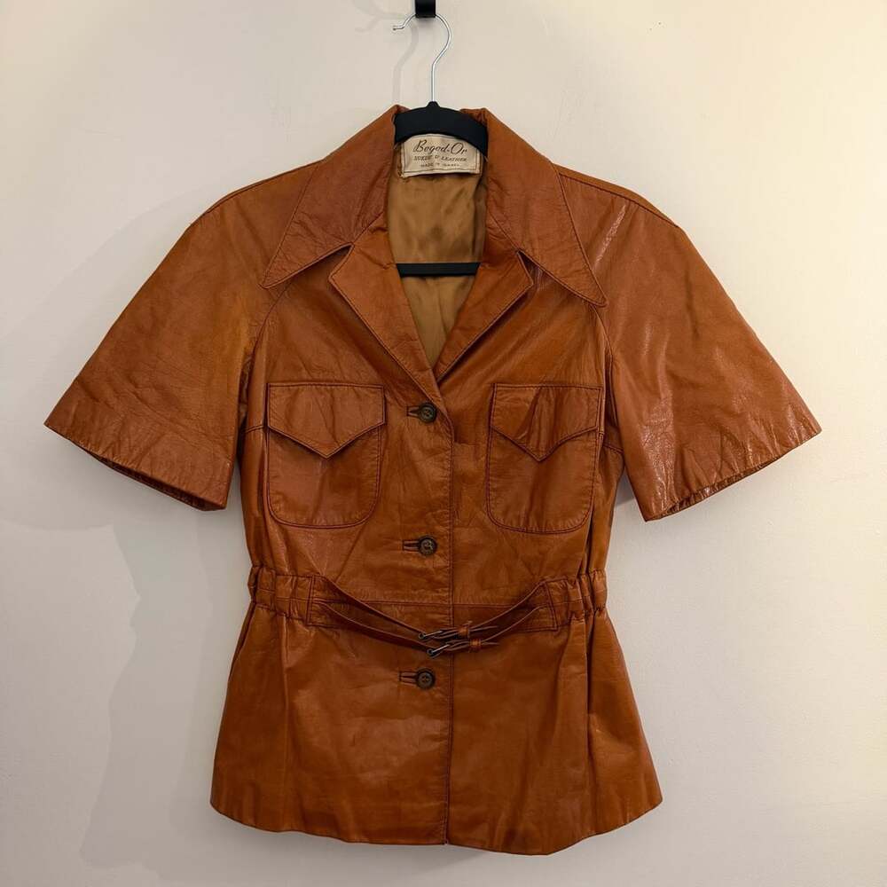 Vintage Beged-Or Cognac Leather Safari Jacket Size 8 Made in Israel